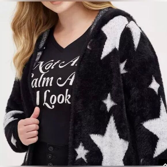 Torrid Hooded fuzzy Star Cardigan Black & White, Pockets, Stretch size 3… - Picture 3 of 16
